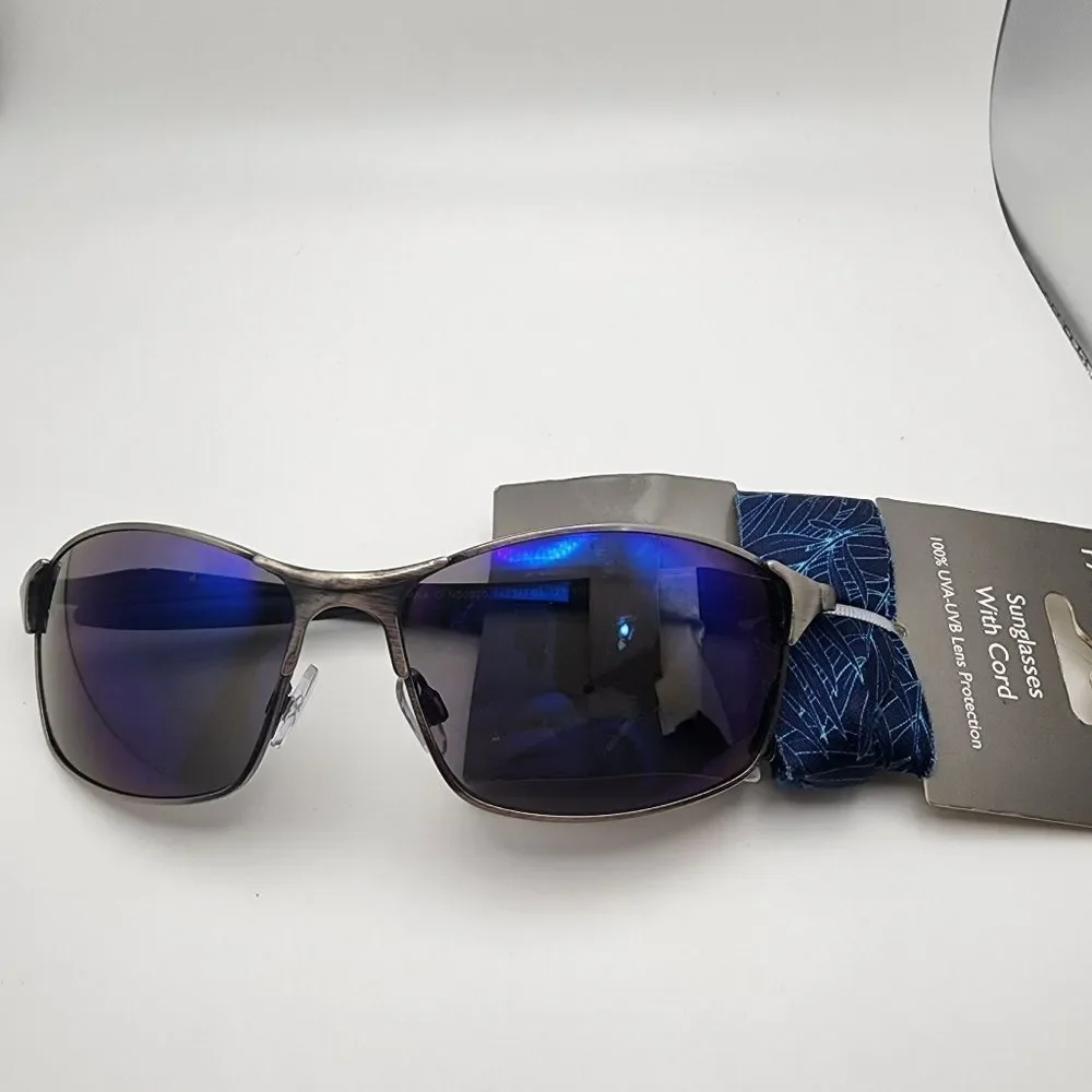 NWT Falls Creek Silver & Black Sunglasses & Blue Leaf Cord